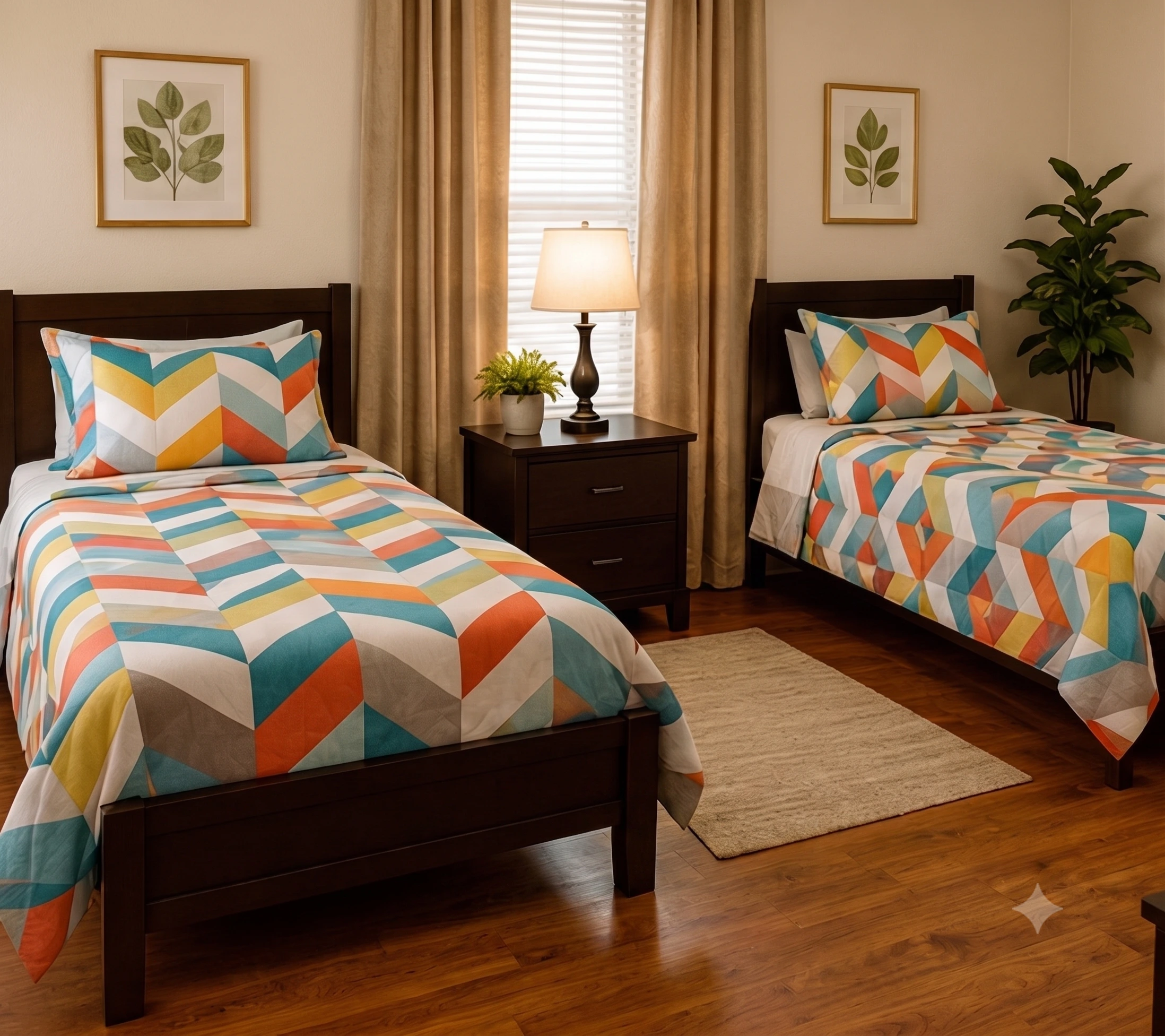 Bright, comfortable resident bedroom with two beds