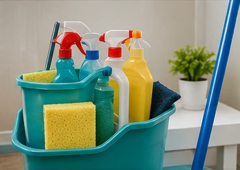 Cleaning supplies kept ready for daily upkeep