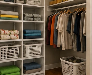 Neatly organized closet with clothing and linens