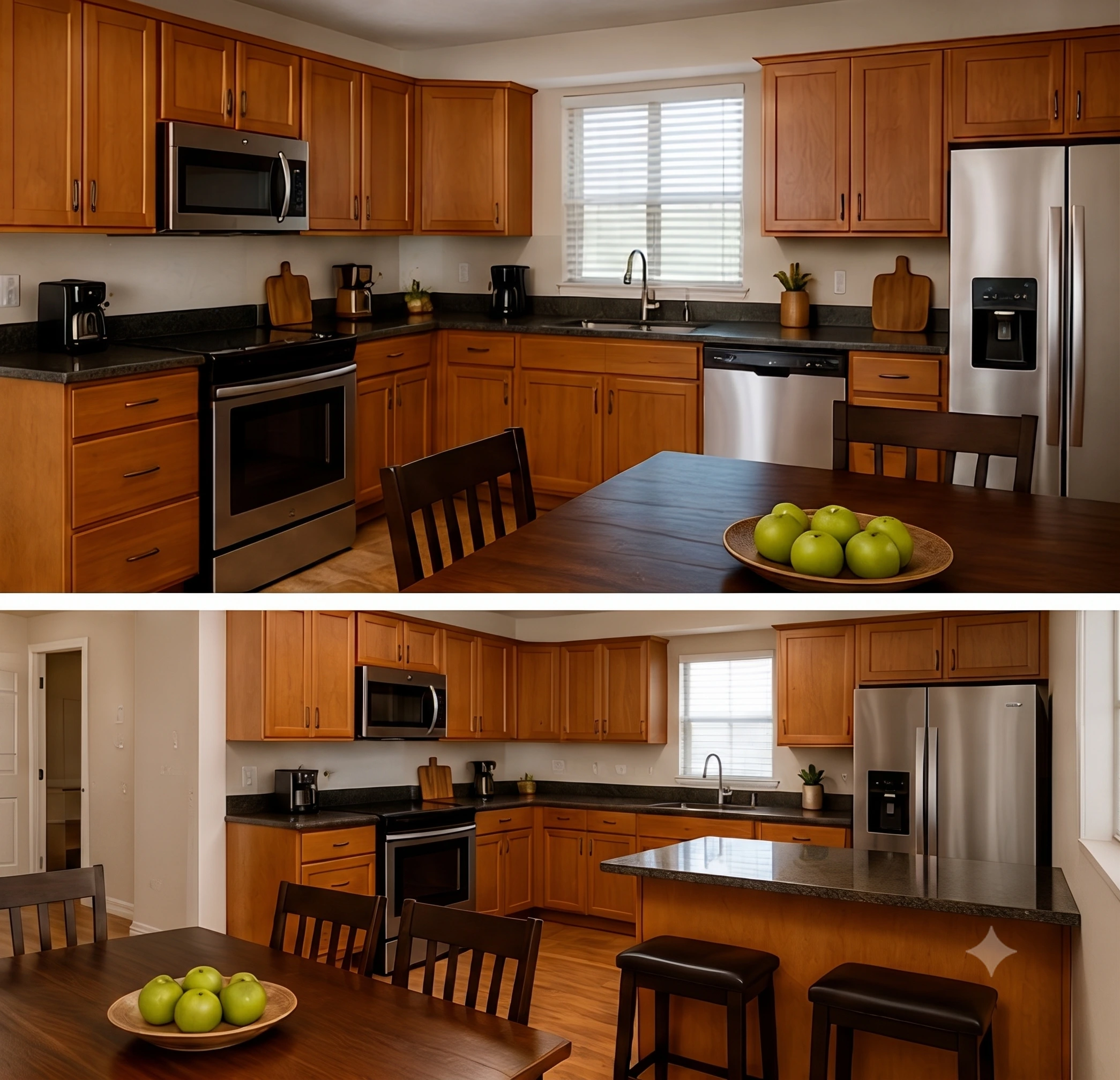 Fully equipped kitchen with fresh fruit on the counter